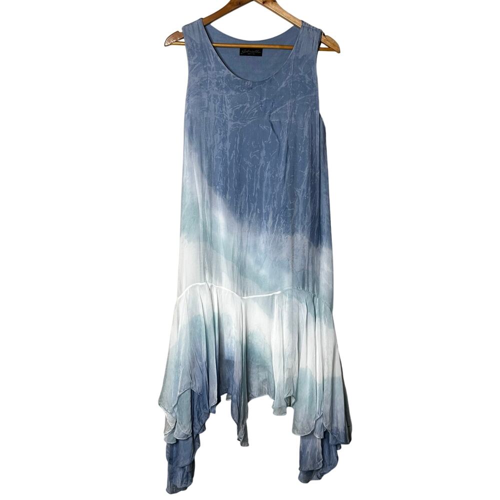Gabriella Made in Italy Dress Midi Size‎ M Blue Tie Dye Sheer Flowy Asymmetric
